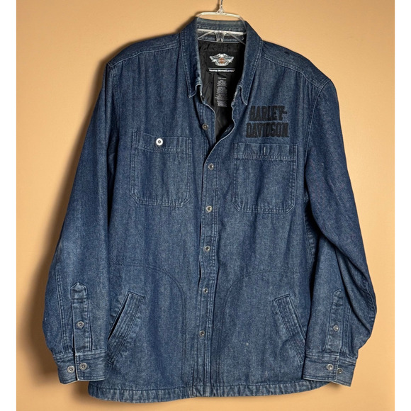 Vtg Harley Davidson Denim Jacket Mens Button Up Quilted Lining Size XLT Tall - Picture 1 of 8